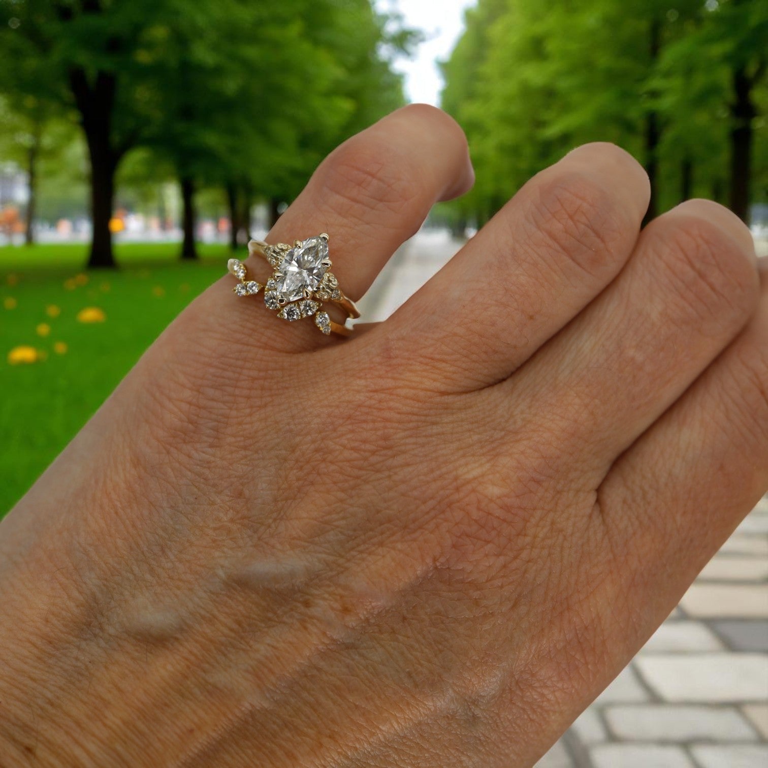 Botanical Ring with Marquise Center Lab Created Diamond - Petra Star