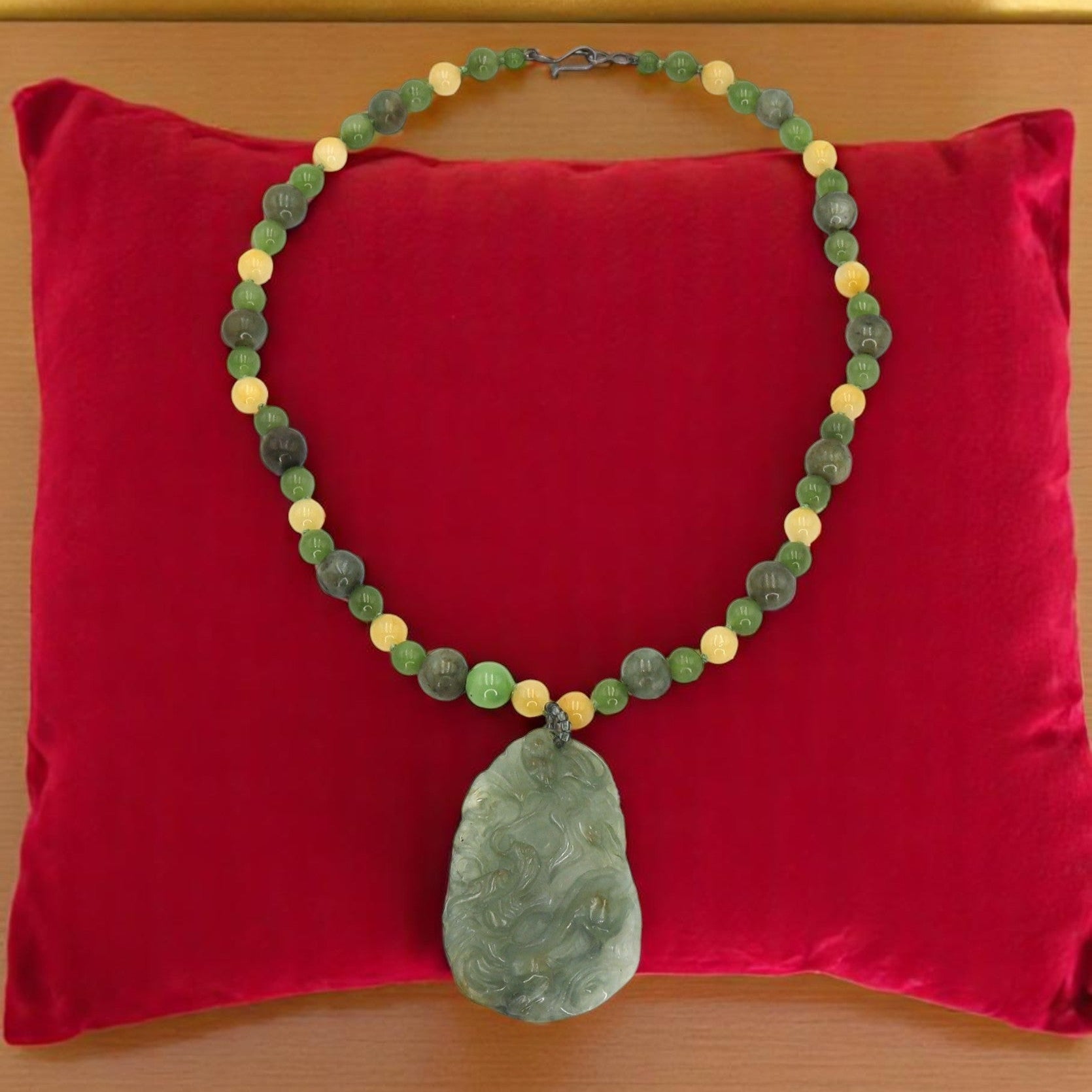 Carved Double-Sided Dragon Jade Necklace with Jade Beads - Petra Star