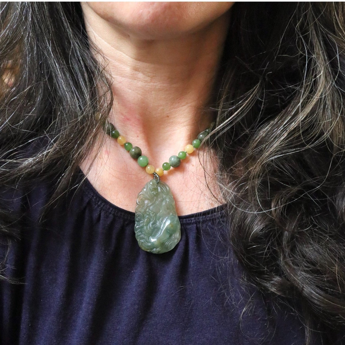 Carved Double-Sided Dragon Jade Necklace with Jade Beads - Petra Star