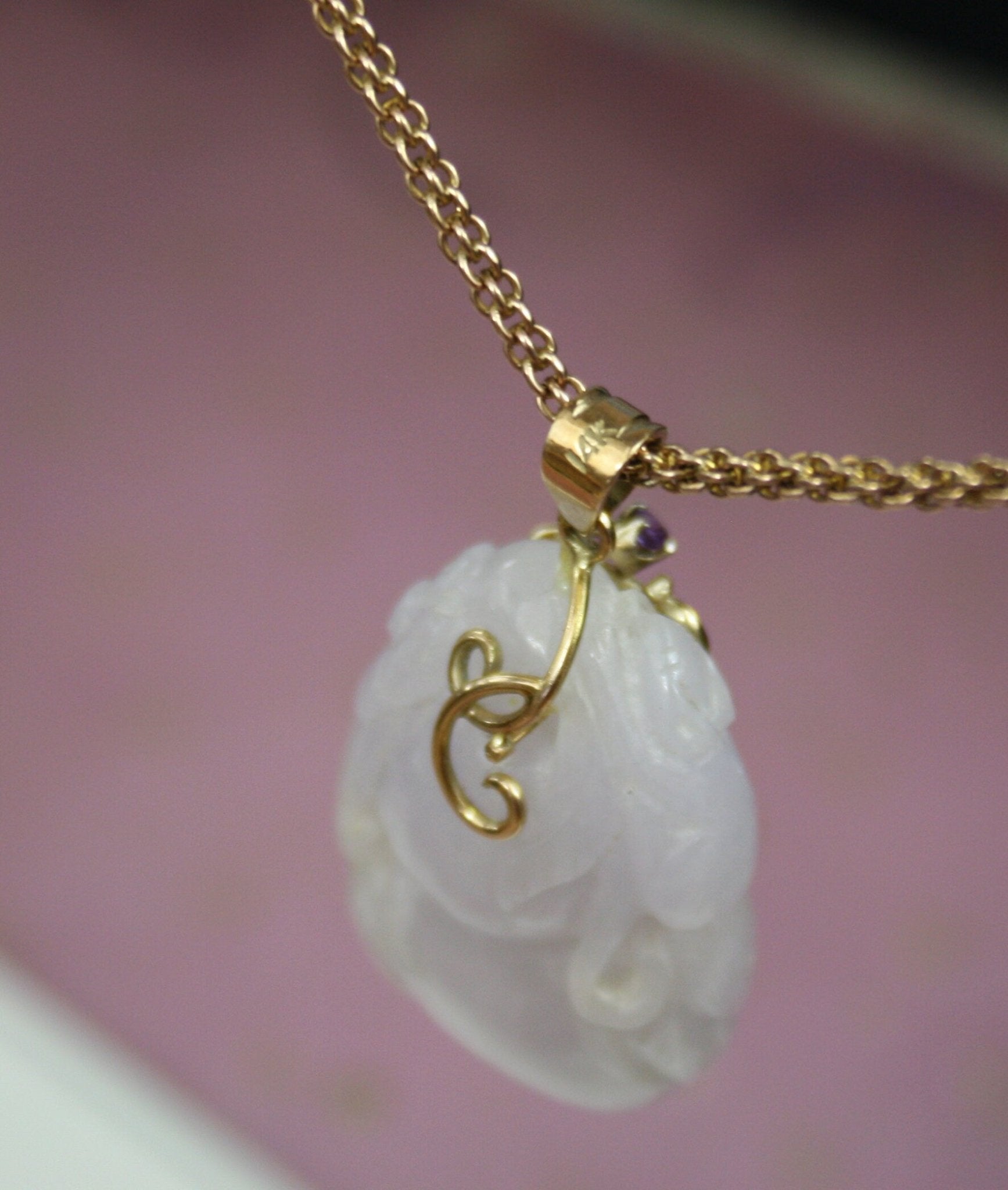 Carved Lavender Jade Pendant with Gourd and Flower / 14k Yellow Gold Amethyst Bail - Petra Star