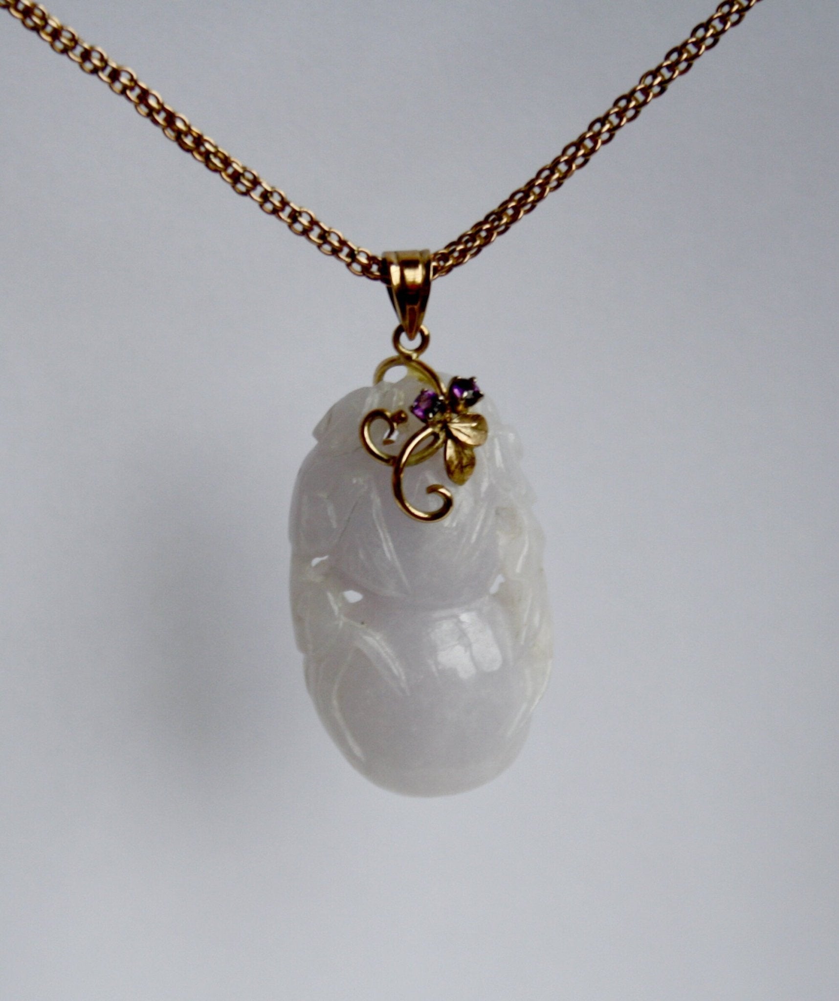 Carved Lavender Jade Pendant with Gourd and Flower / 14k Yellow Gold Amethyst Bail - Petra Star