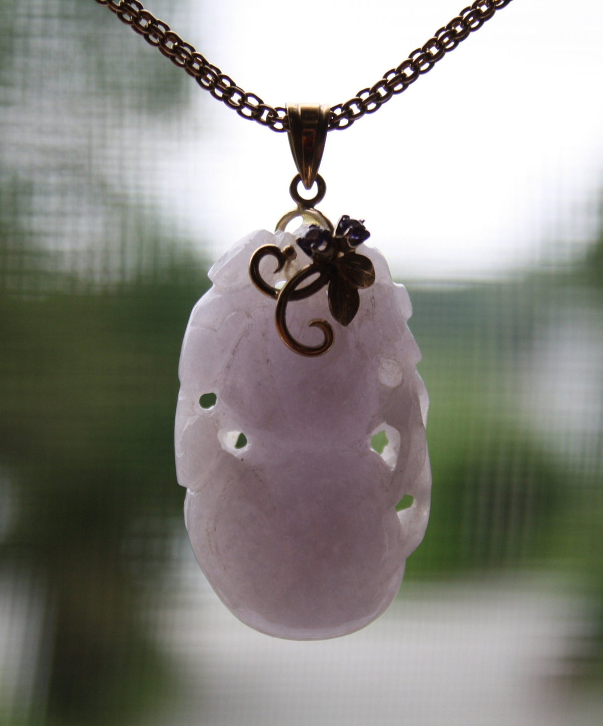 Carved Lavender Jade Pendant with Gourd and Flower / 14k Yellow Gold Amethyst Bail - Petra Star