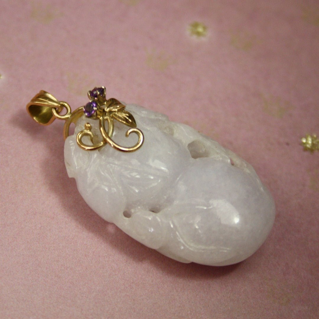 Carved Lavender Jade Pendant with Gourd and Flower / 14k Yellow Gold Amethyst Bail - Petra Star