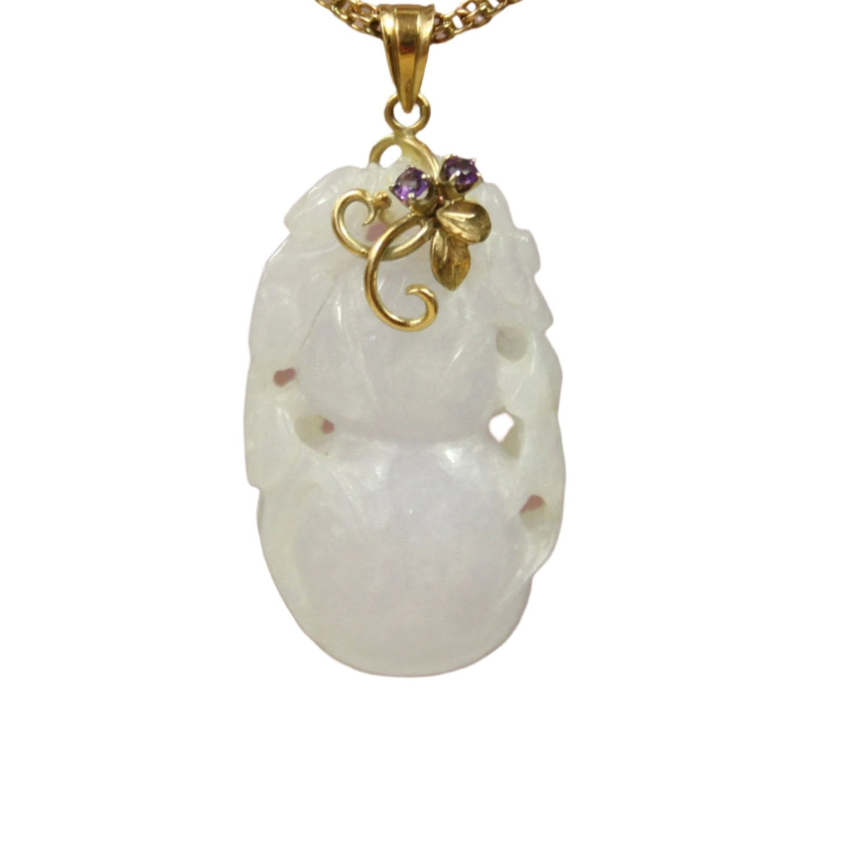 Carved Lavender Jade Pendant with Gourd and Flower / 14k Yellow Gold Amethyst Bail - Petra Star