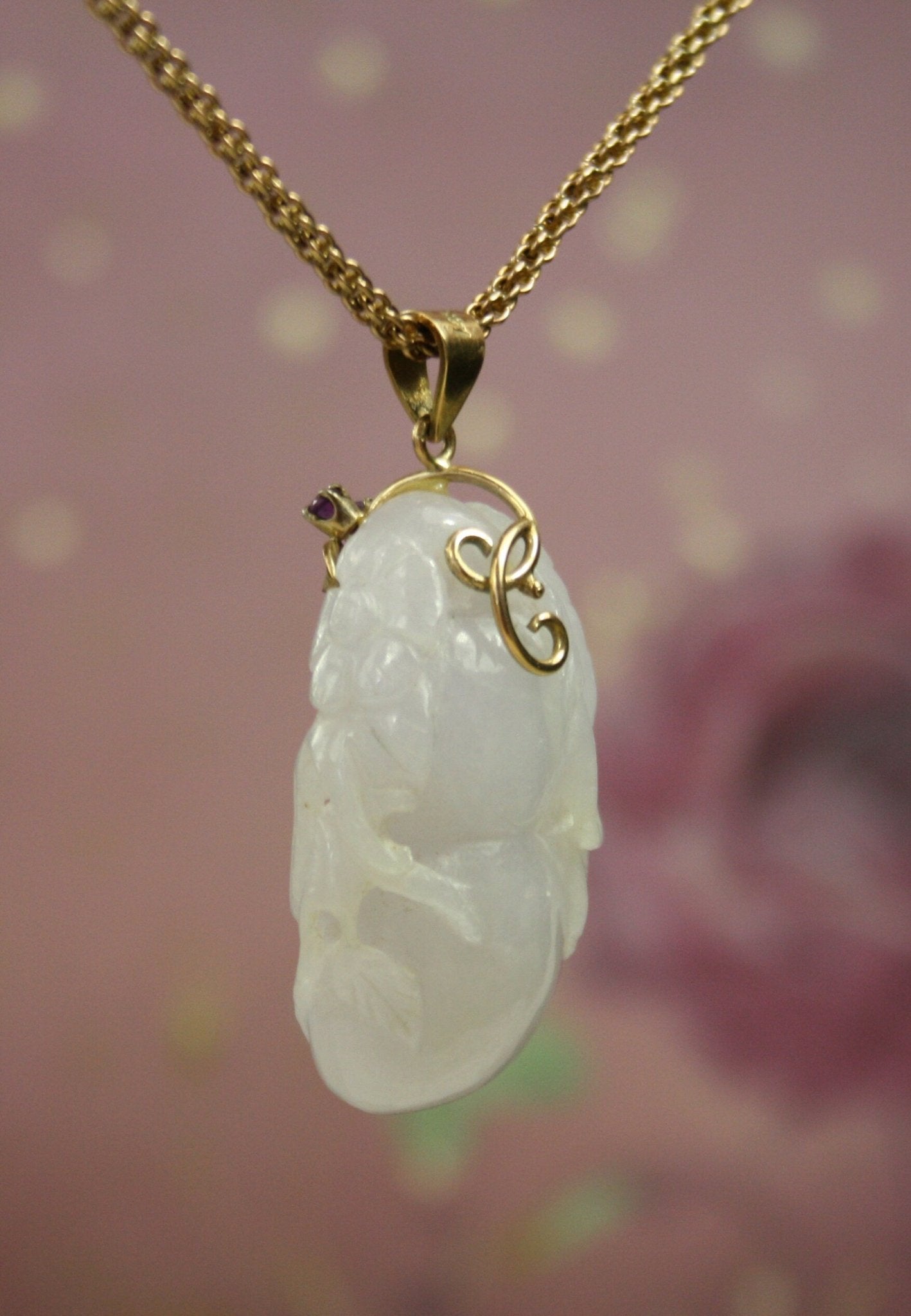 Carved Lavender Jade Pendant with Gourd and Flower / 14k Yellow Gold Amethyst Bail - Petra Star