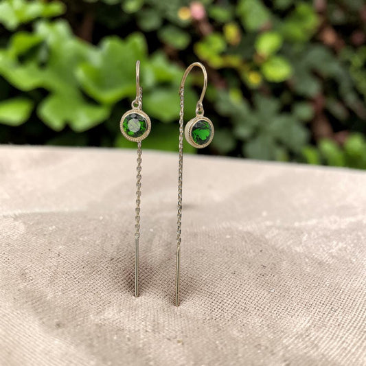 Chrome Diopside Drop Earrings | 14K Yellow Gold Milgrain Threaders | 1.65 ctw - Petra Star