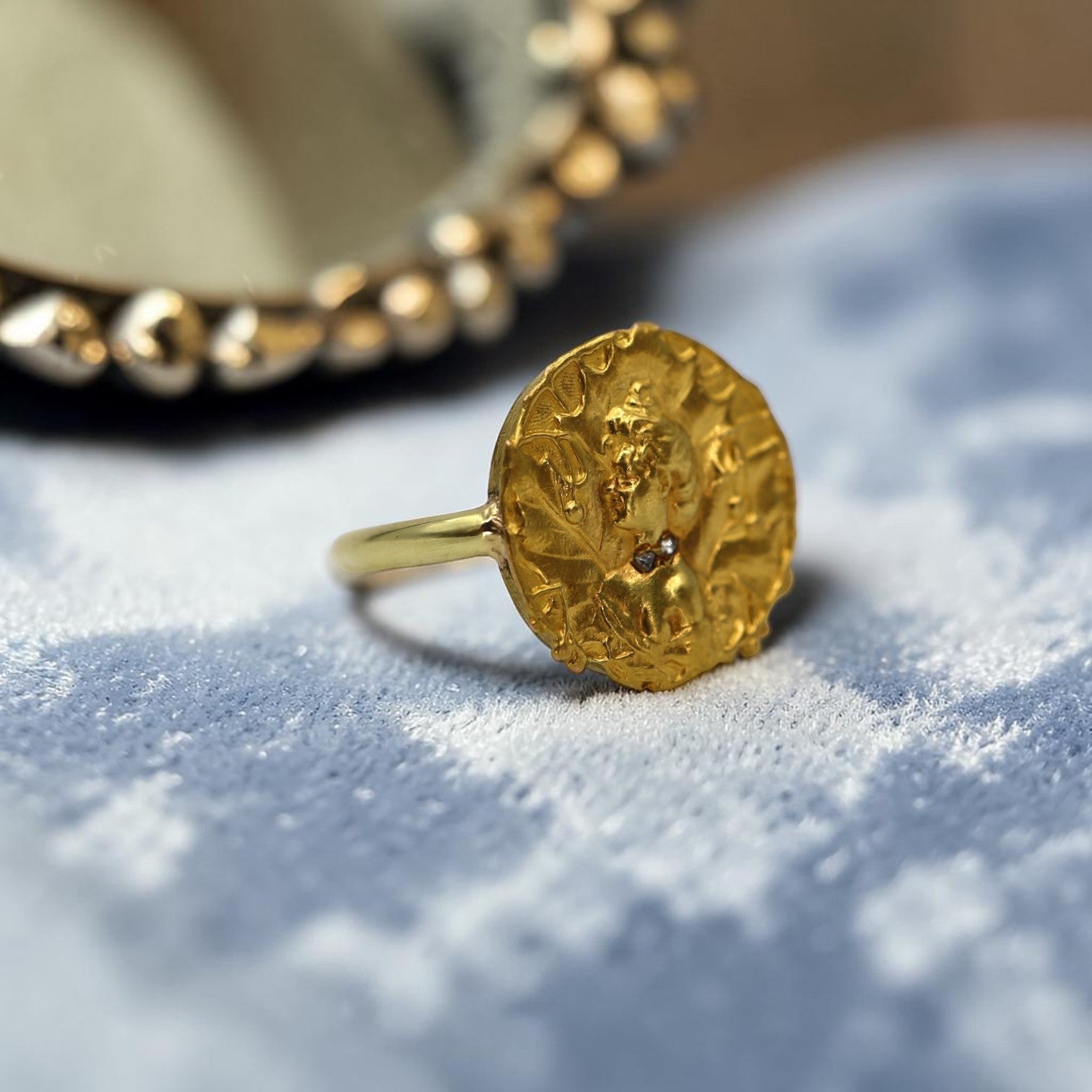 Circa 1905 Art Nouveau Mucha Lady 18k Yellow Gold Ring | Converted Scarf Clip | Rose Cut Diamonds | Petra Star Vintage Vault - Petra Star