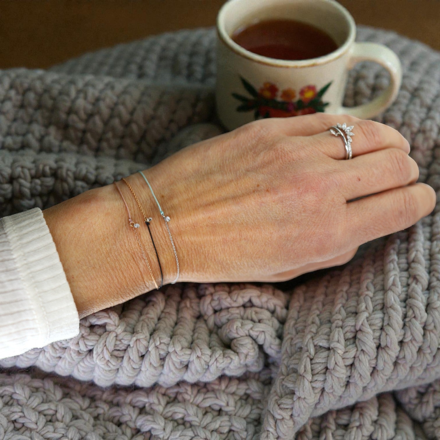 Contemporary Diamond & Cord Adjustable Stackable Bracelet – 14k Gold - Petra Star