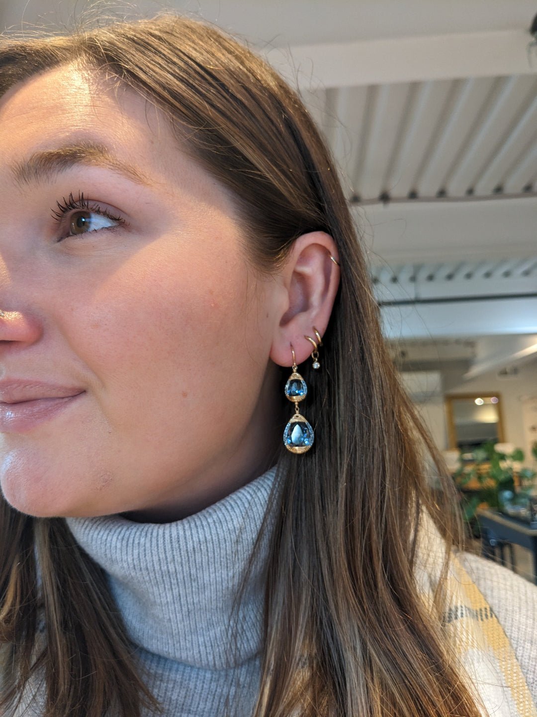 Dana Kellin Ocean Blue Double Drop Earrings With Swarovski Crystals Gold Filled - Petra Star