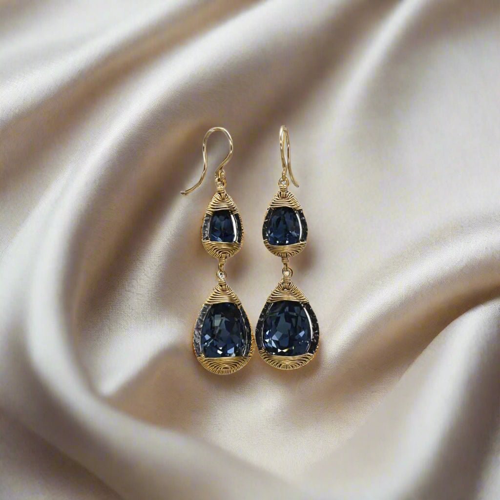 Dana Kellin Ocean Blue Double Drop Earrings With Swarovski Crystals Gold Filled - Petra Star