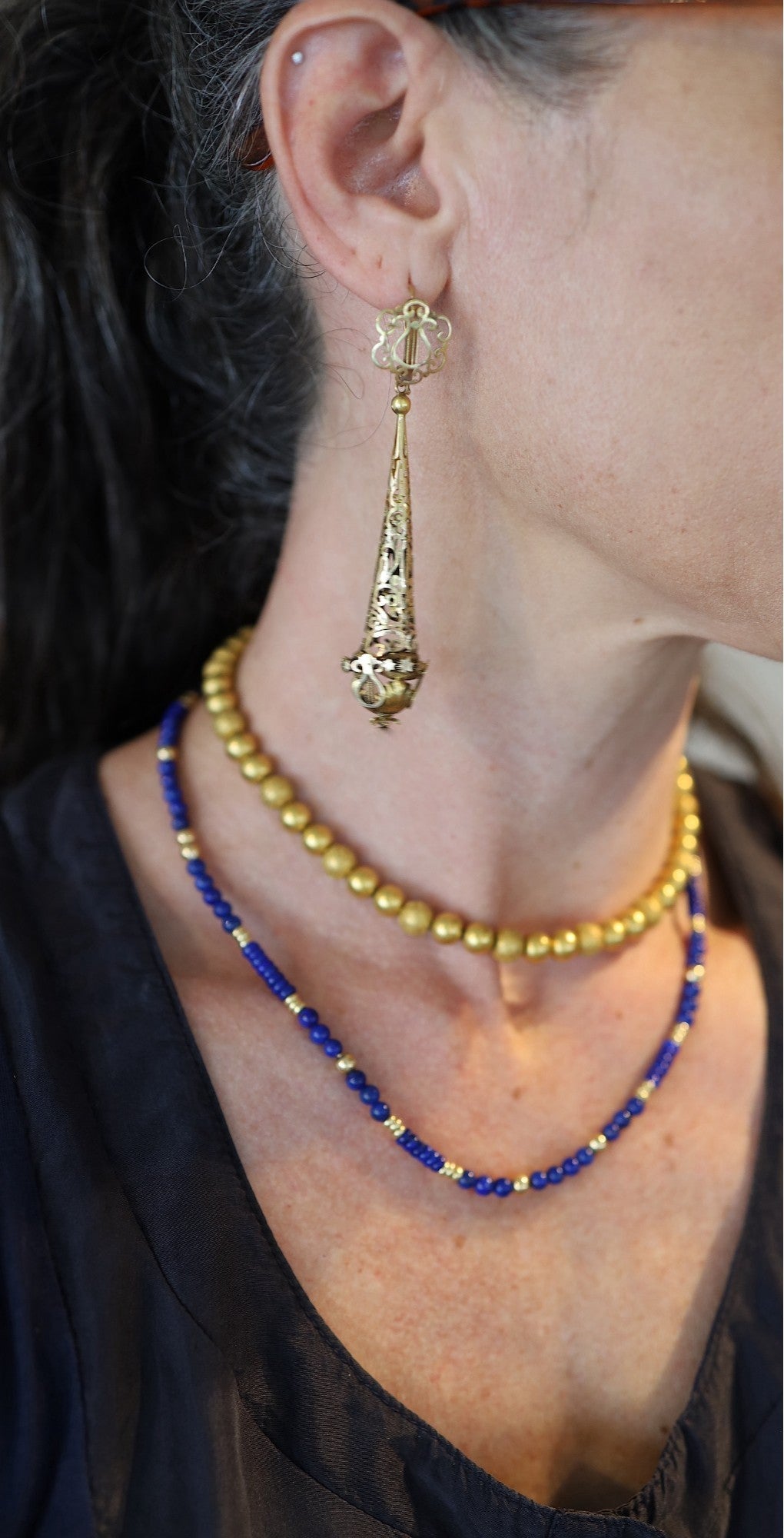Day-and-Night 14k Gold Georgian Lyre Torpedo Earrings - Petra Star