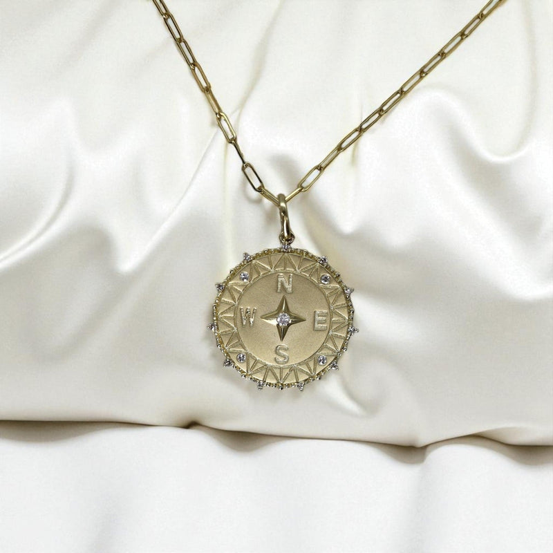 Diamond Compass Medallion Necklace – 14k Yellow Gold, Paperclip Chain