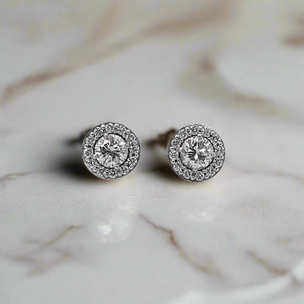 Diamond Halo Stud Earrings 14k White Gold – .50 cts | Recycled Diamond Bridal Jewelry - Petra Star
