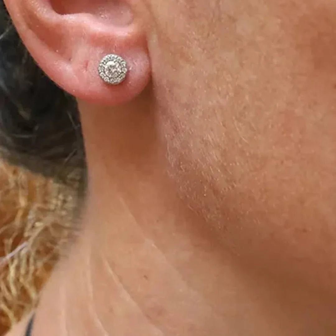 Diamond Halo Stud Earrings 14k White Gold – .50 cts | Recycled Diamond Bridal Jewelry - Petra Star