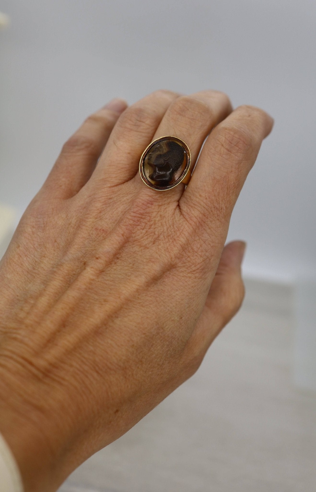 Early Victorian Blackamoor Ring Tiger's Eye Cameo in 14k Gold - Petra Star