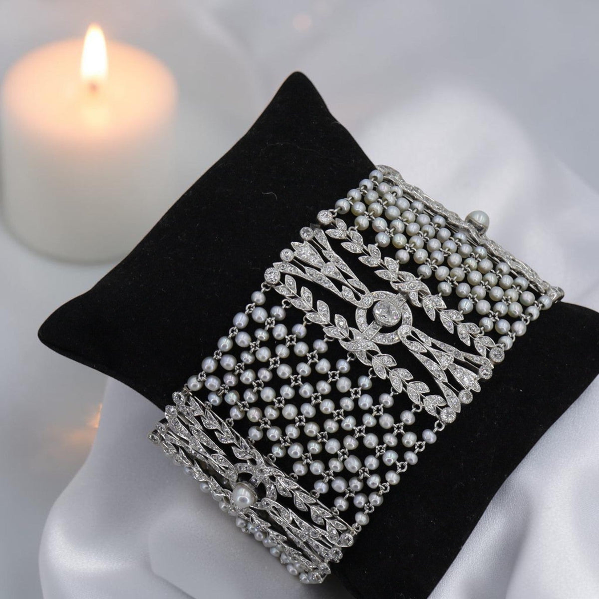 Edwardian Hand-Fabricated Platinum Lattice Bracelet — Natural Seed Pearls & 5.85 CTW Diamonds, Circa 1905–1915 - Petra StarBracelets