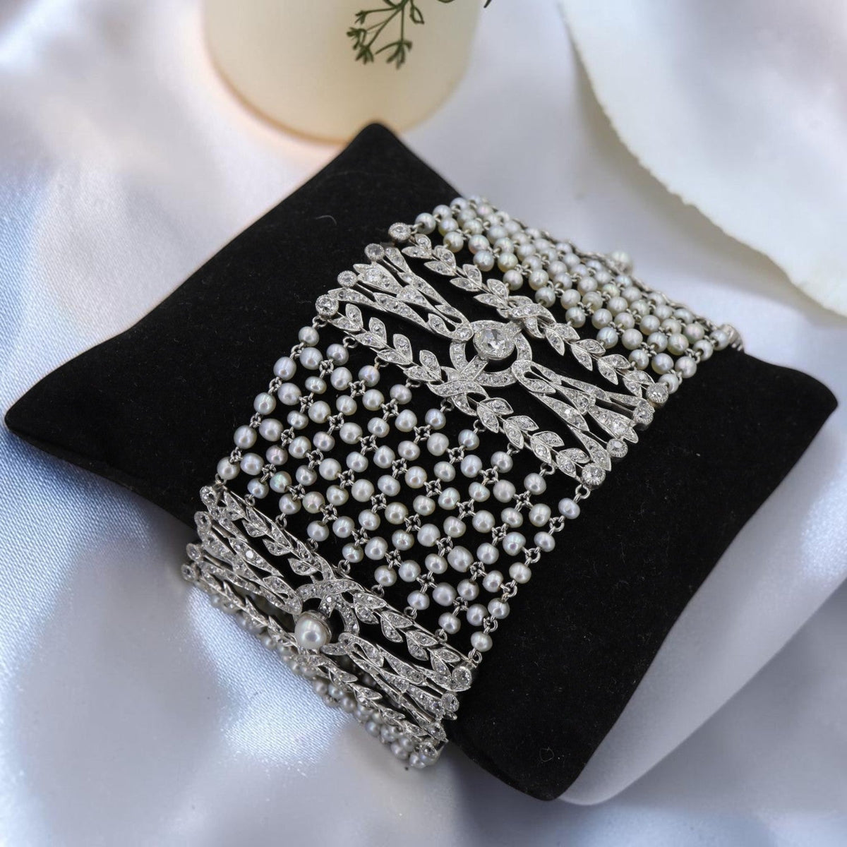 Edwardian Hand-Fabricated Platinum Lattice Bracelet — Natural Seed Pearls & 5.85 CTW Diamonds, Circa 1905–1915 - Petra StarBracelets