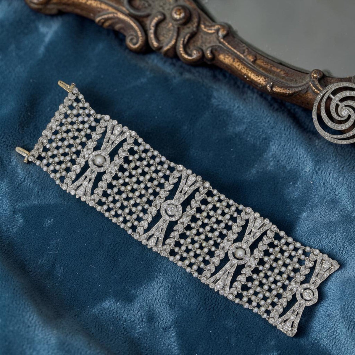 Edwardian Hand-Fabricated Platinum Lattice Bracelet — Natural Seed Pearls & 5.85 CTW Diamonds, Circa 1905–1915 - Petra StarBracelets