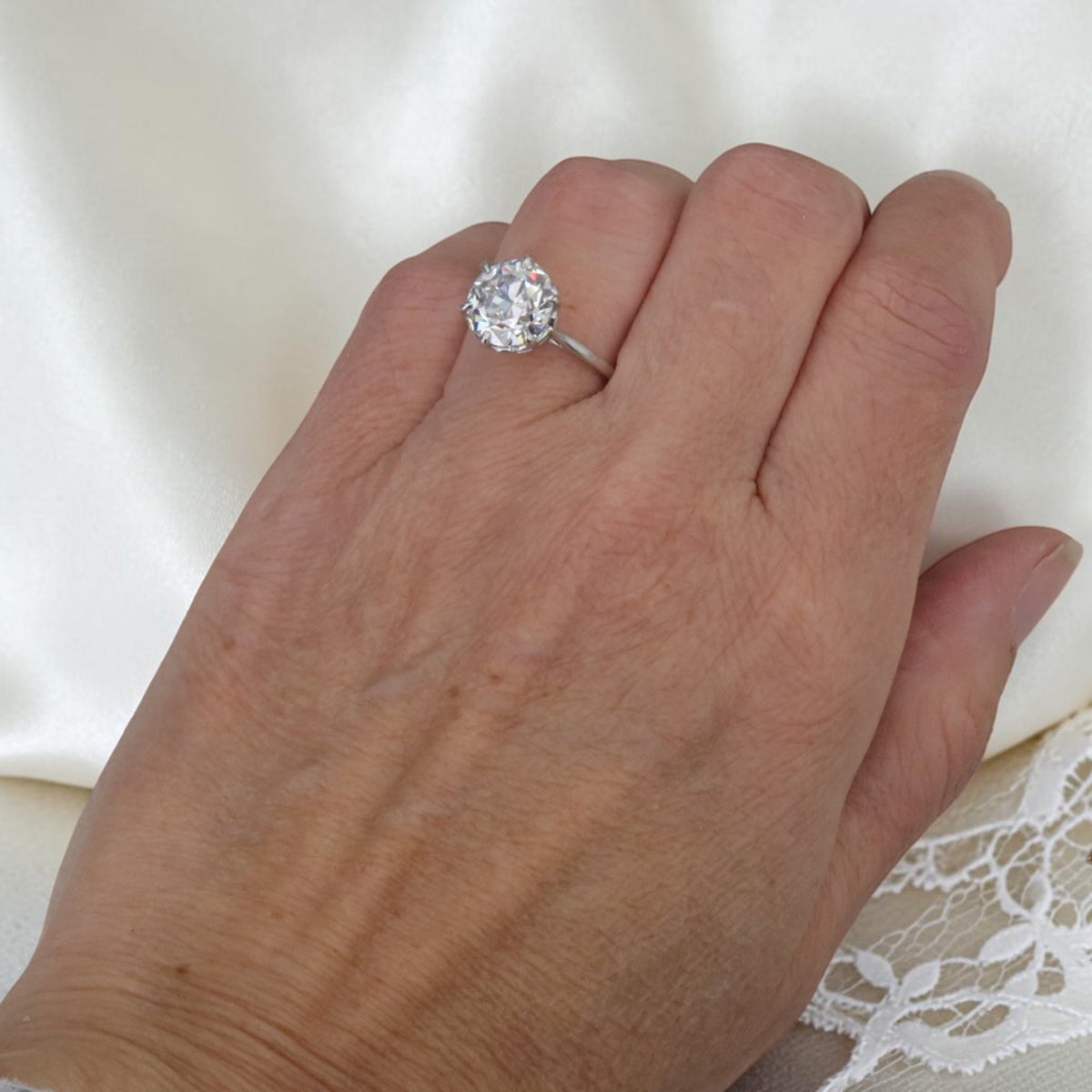 Edwardian-Inspired Platinum Solitaire, 3.59 ct Lab-Created Old European Cut Diamond — Cast from an Antique French Mounting, GCAL Certified - Petra StarEngagement Ring
