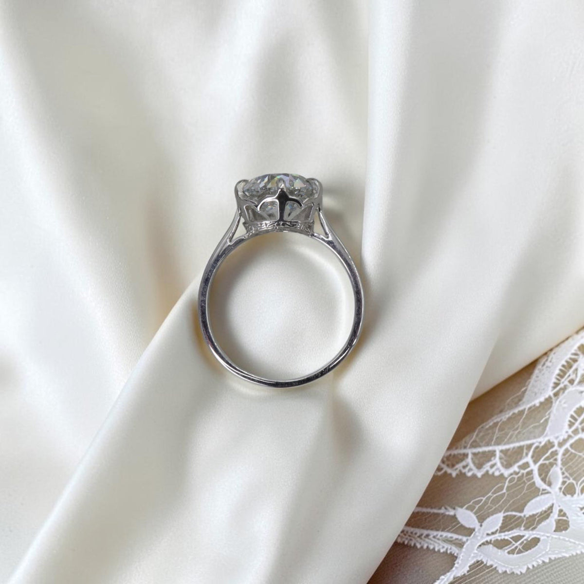 Edwardian-Inspired Platinum Solitaire, 3.59 ct Lab-Created Old European Cut Diamond — Cast from an Antique French Mounting, GCAL Certified - Petra StarEngagement Ring