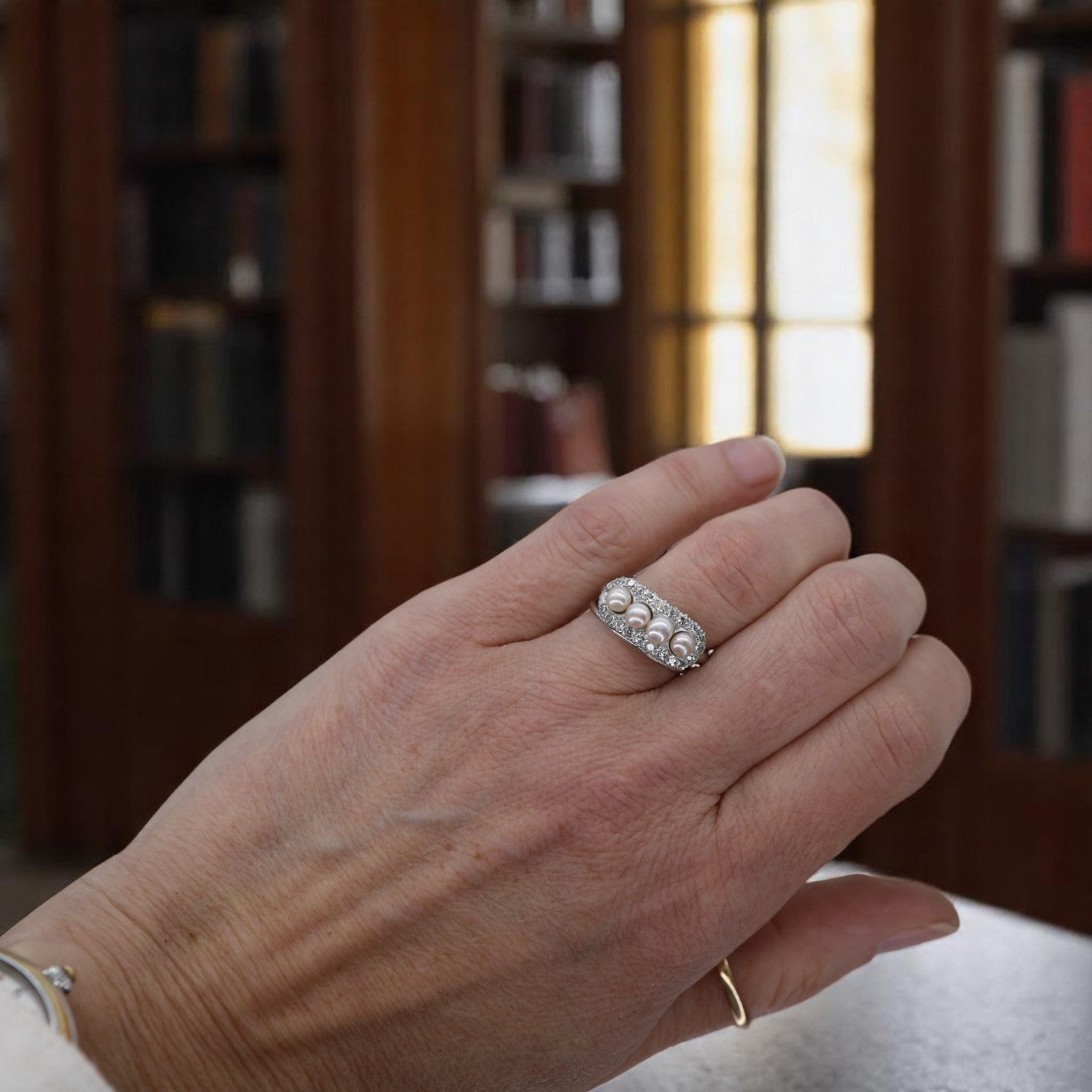 Edwardian Platinum, Diamond & Pearl Ring - Petra Star