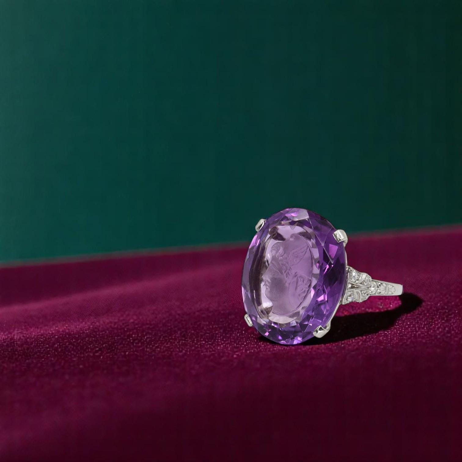 Edwardian Platinum Intaglio Amethyst Ring: Winged Hermes - Petra Star