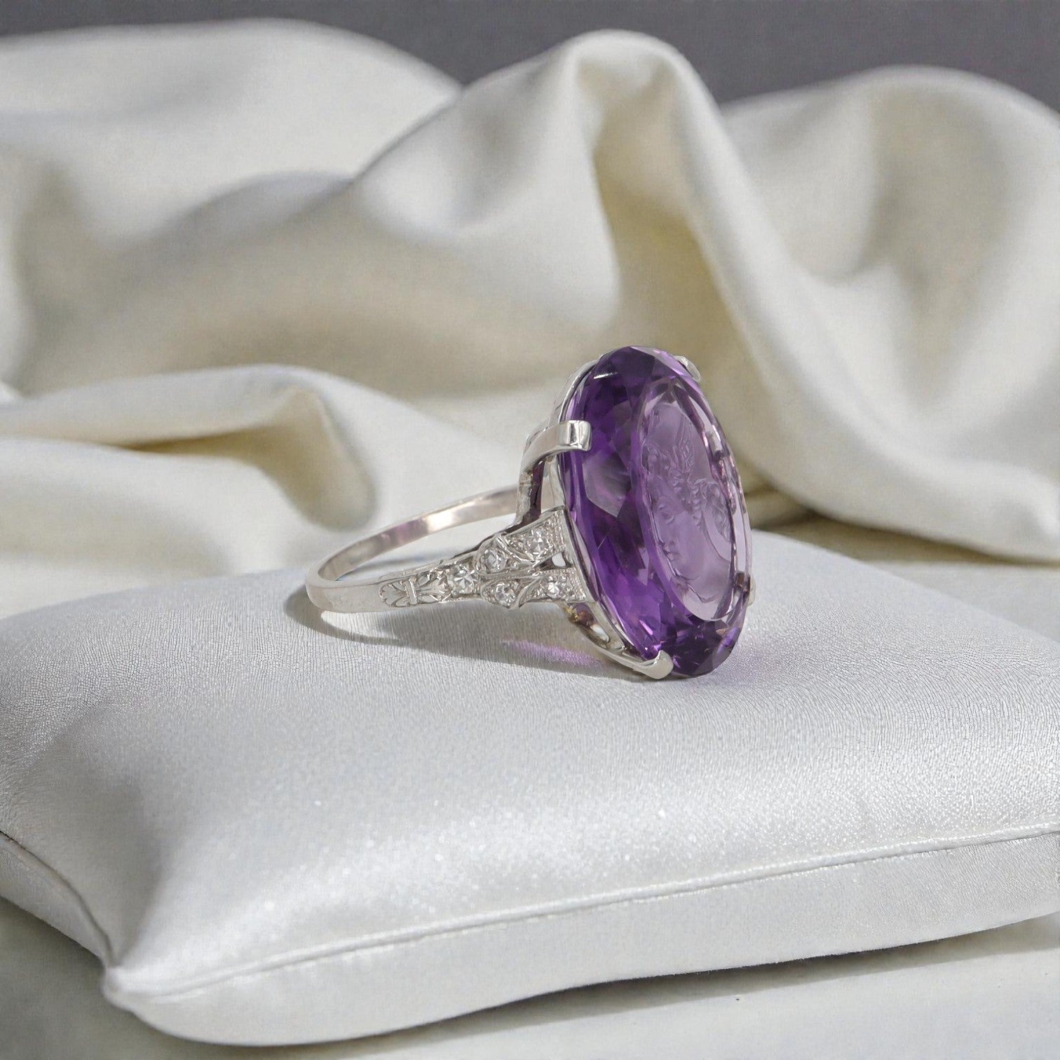 Edwardian Platinum Intaglio Amethyst Ring: Winged Hermes - Petra Star