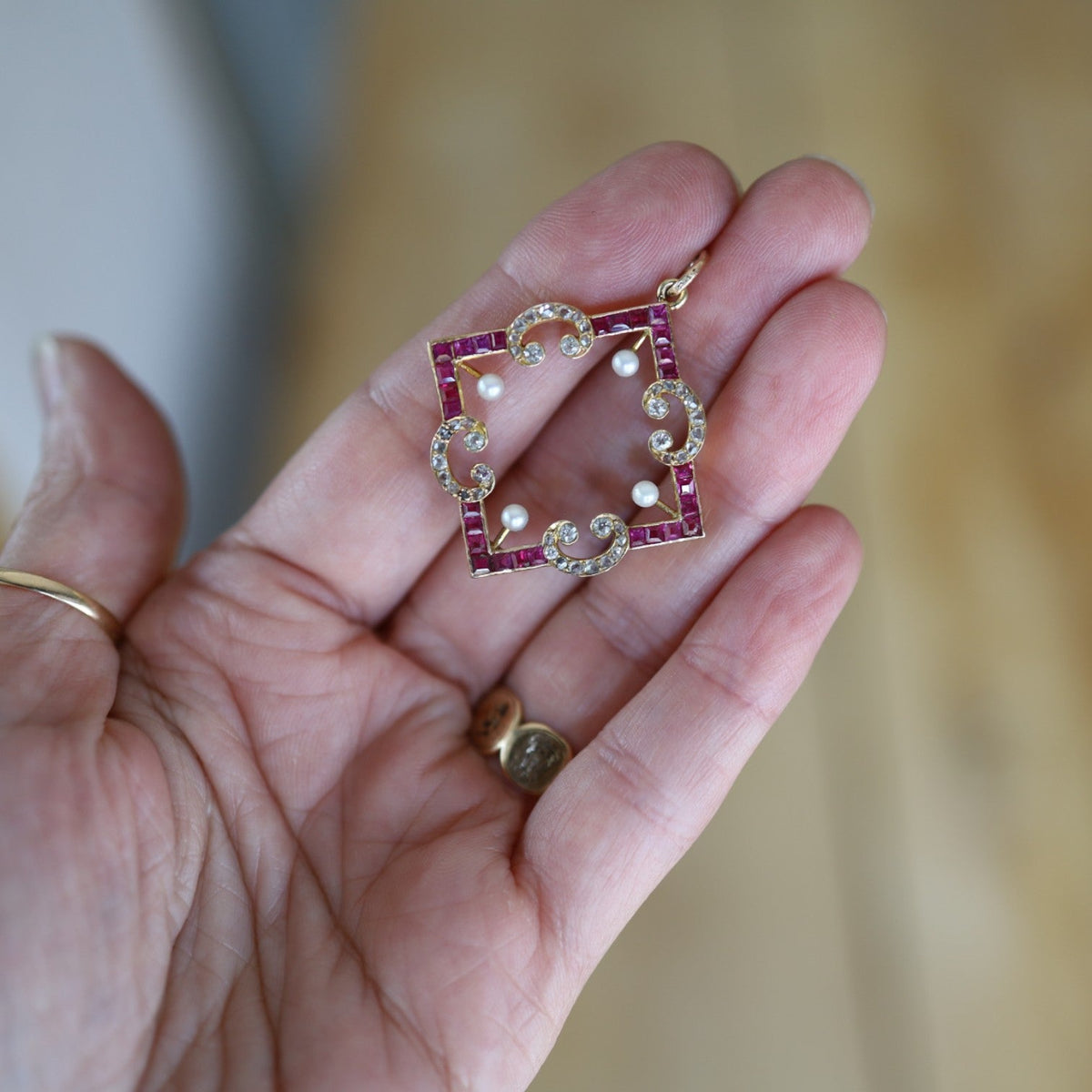 Edwardian Ruby & Diamond Convertible Pendant | Converted Brooch | 18k Gold | Rose-Cut & Old Mine Diamonds - Petra Star