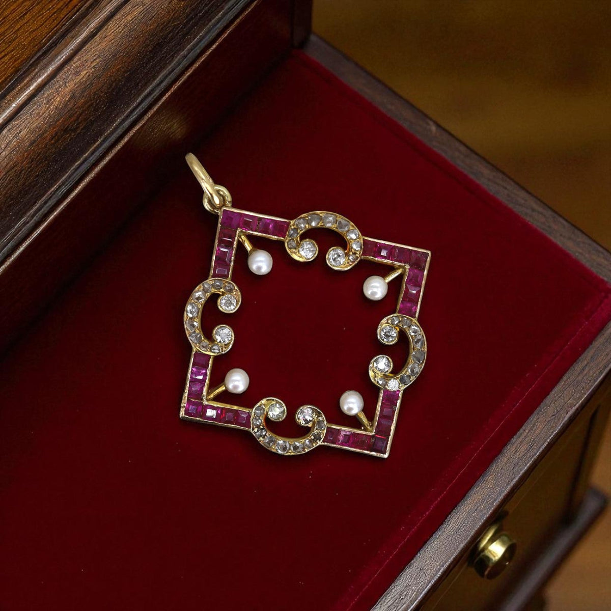 Edwardian Ruby & Diamond Convertible Pendant | Converted Brooch | 18k Gold | Rose-Cut & Old Mine Diamonds - Petra Star
