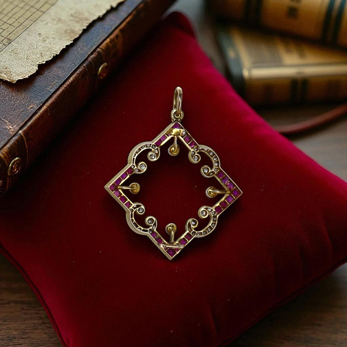Edwardian Ruby & Diamond Convertible Pendant | Converted Brooch | 18k Gold | Rose-Cut & Old Mine Diamonds - Petra Star
