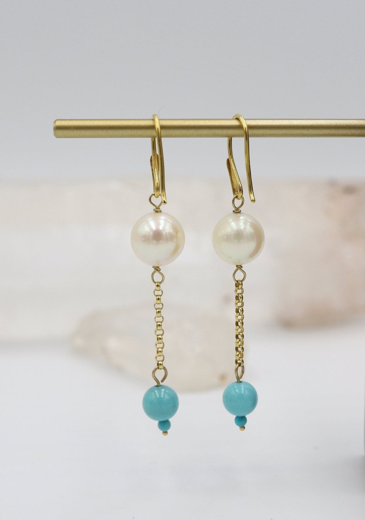 Elegant Pearl and Turquoise Drop Earrings in Deep, Rich 14k Yellow Gold - Petra Star