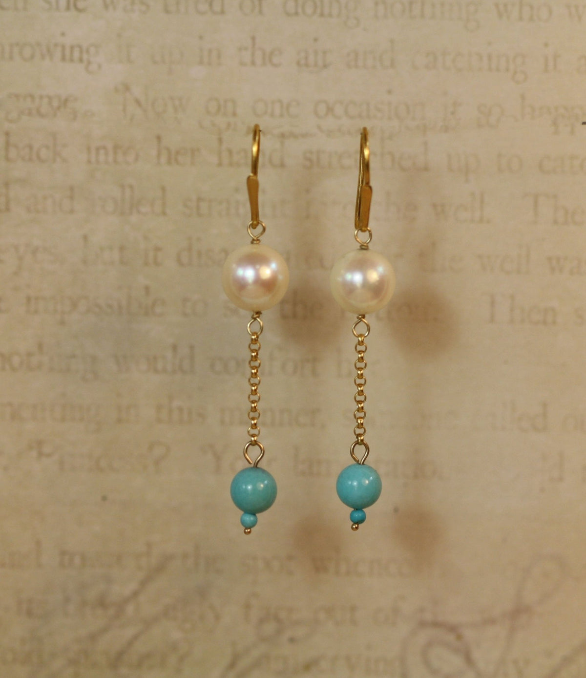 Elegant Pearl and Turquoise Drop Earrings in Deep, Rich 14k Yellow Gold - Petra Star