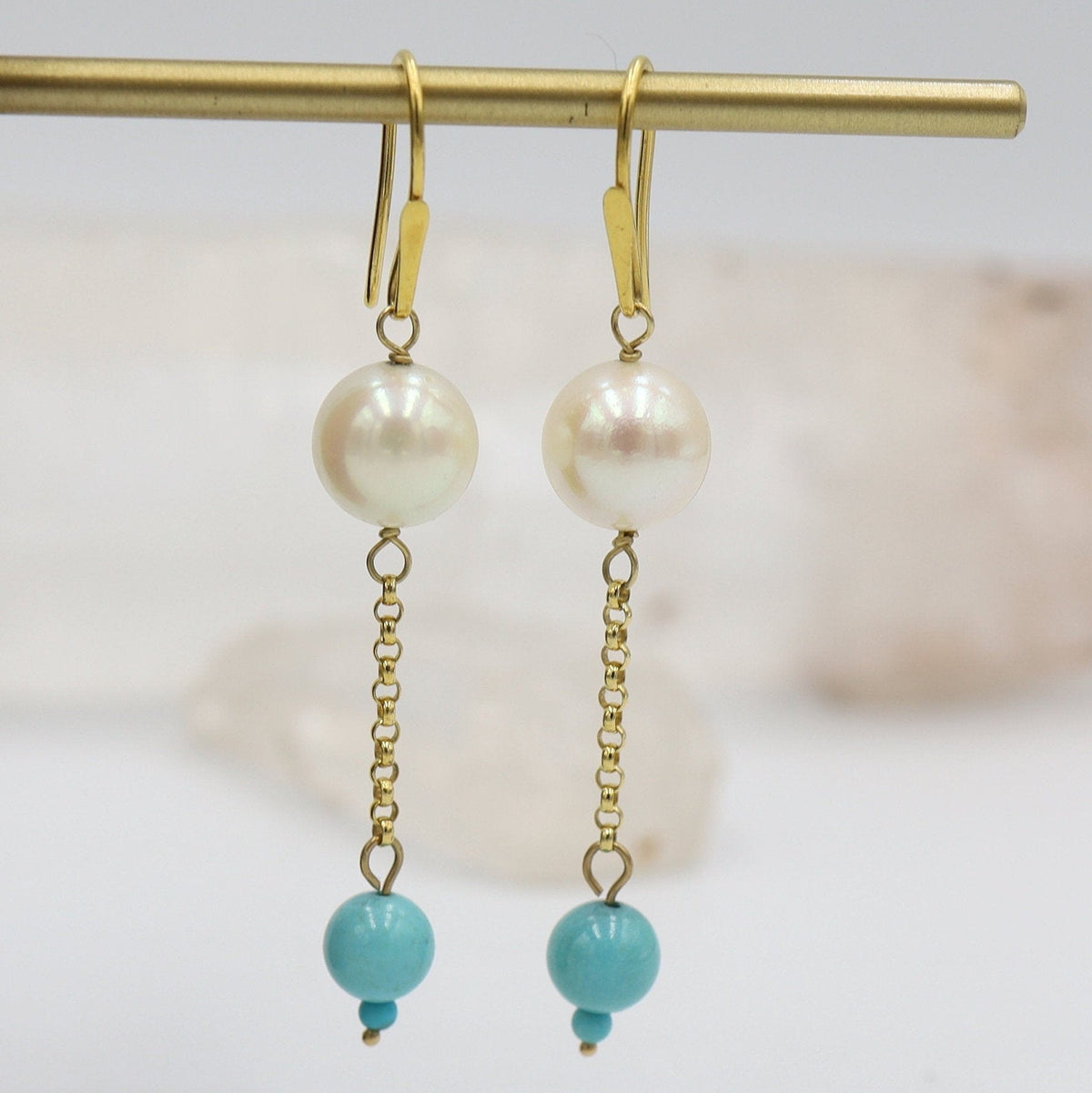 Elegant Pearl and Turquoise Drop Earrings in Deep, Rich 14k Yellow Gold - Petra Star
