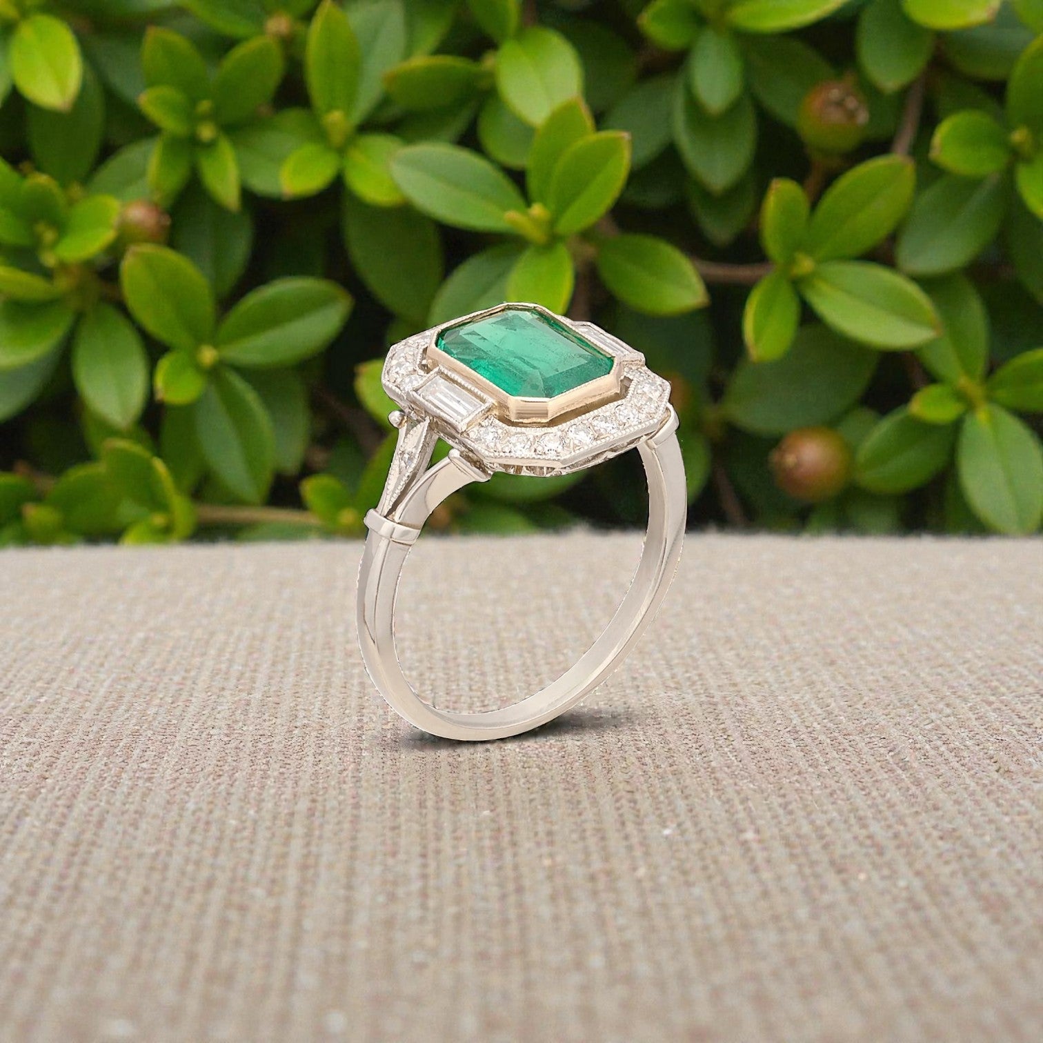 Emerald & Diamond Halo Ring in Platinum - Petra Star