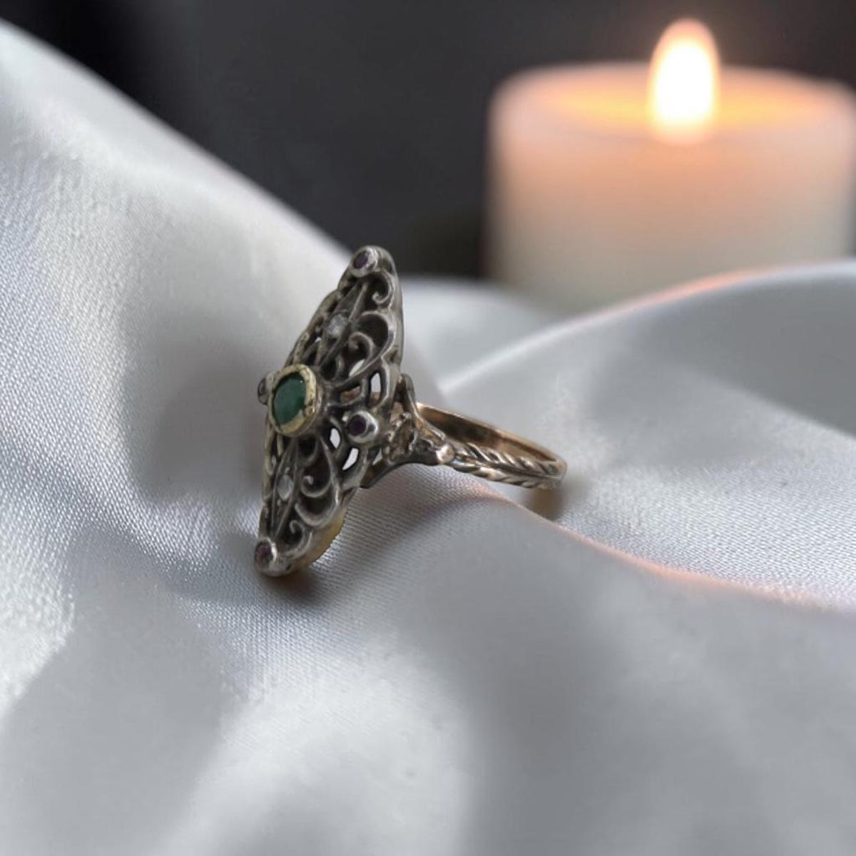 Austro-Hungarian Silver & 14K Gold Ring — Emerald, Rubies & Rose-Cut Diamonds, Early-Mid 19th Century