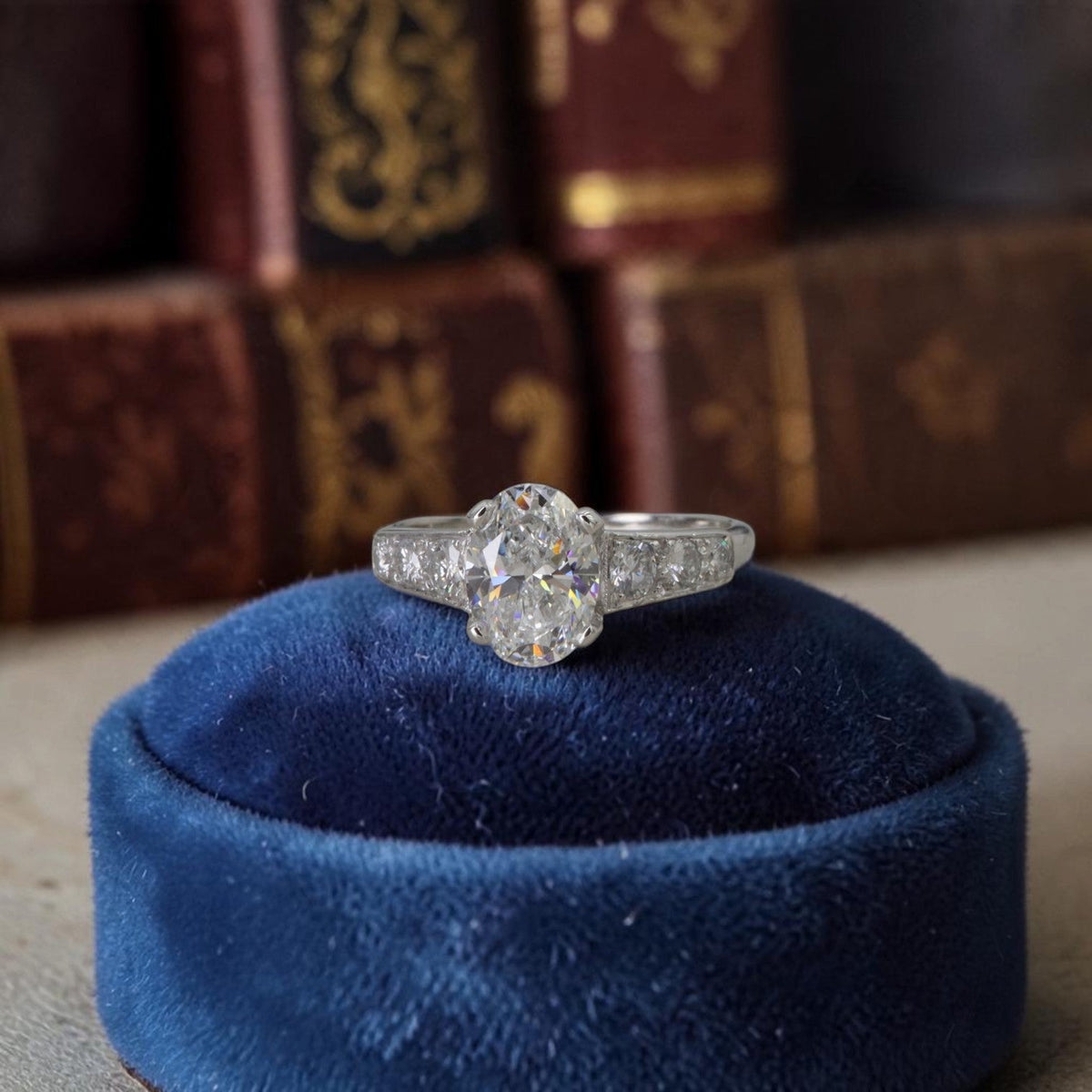 Estate Platinum Ring with 1.30-ct Oval Lab-Grown Diamond and Diamond Pavé - Petra StarEngagement Ring