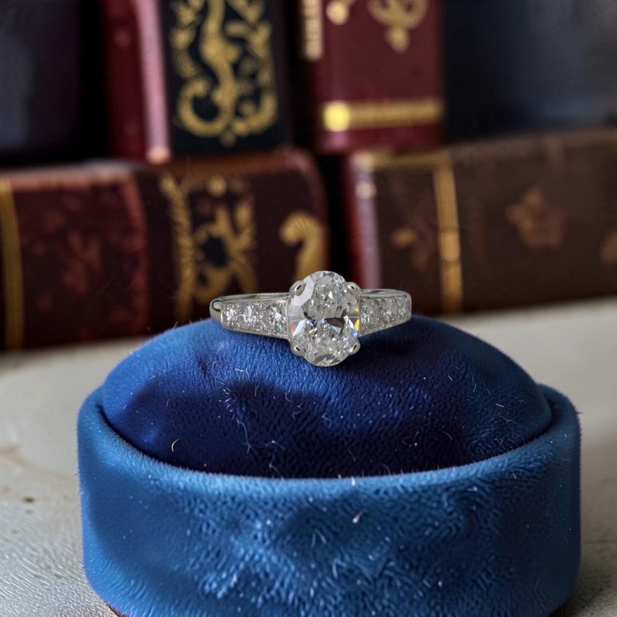 Estate Platinum Ring with 1.30-ct Oval Lab-Grown Diamond and Diamond Pavé - Petra StarEngagement Ring