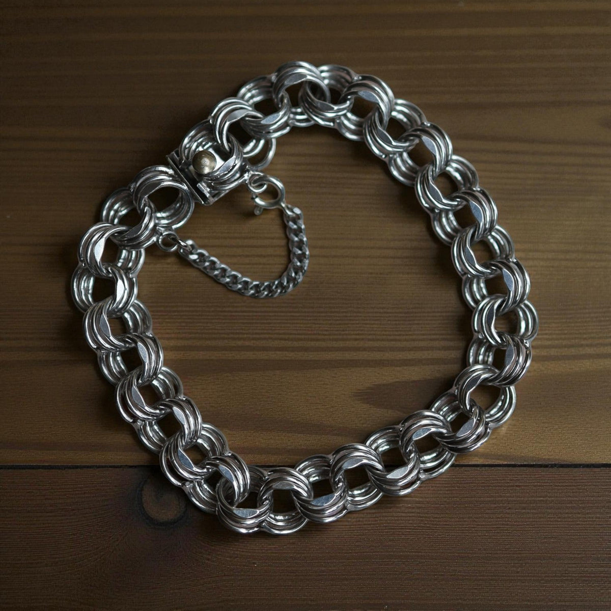 Estate Sterling Silver Triple Ring Link Charm Bracelet – Toggle Clasp with Safety Chain, 20.9g - Petra Star