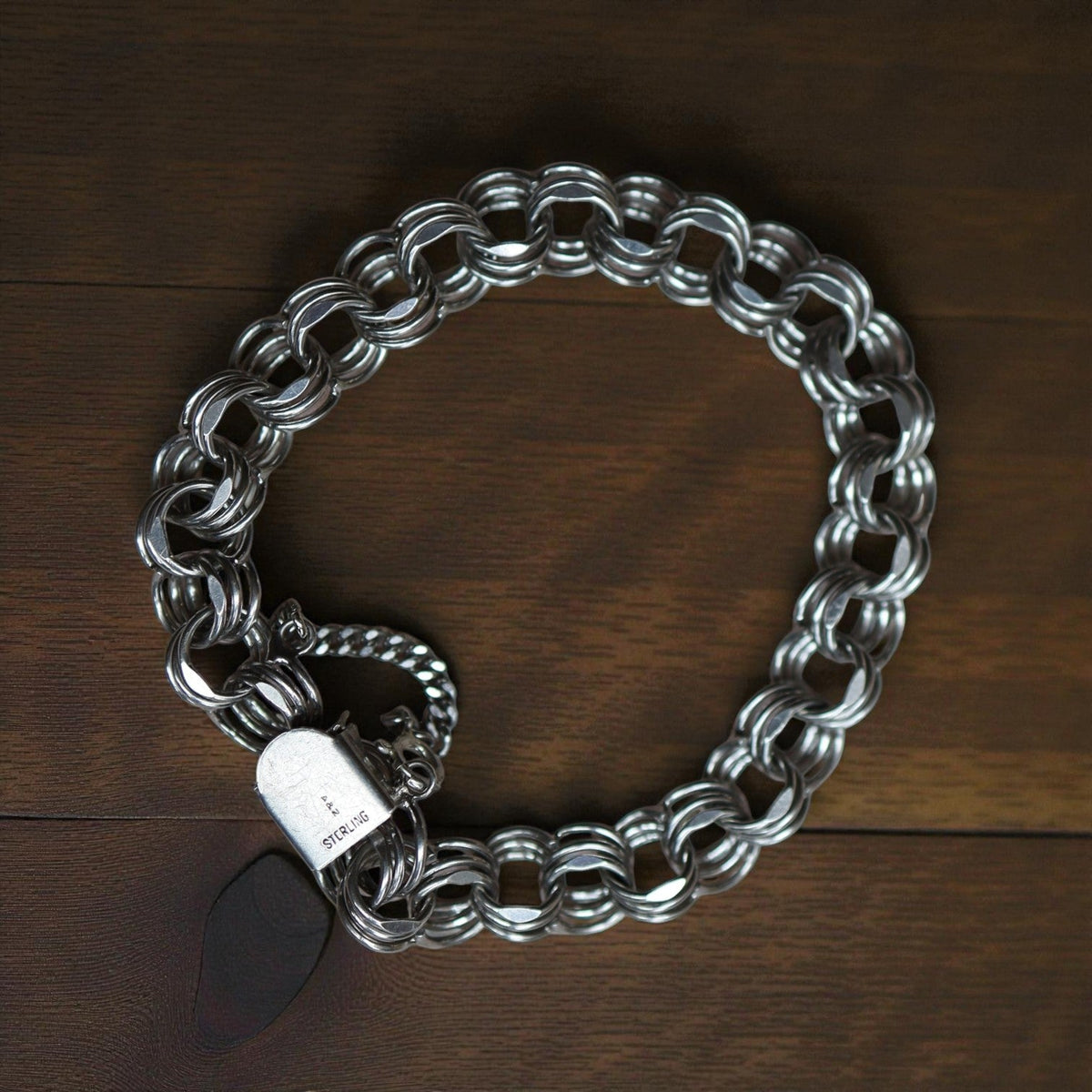 Estate Sterling Silver Triple Ring Link Charm Bracelet – Toggle Clasp with Safety Chain, 20.9g - Petra Star
