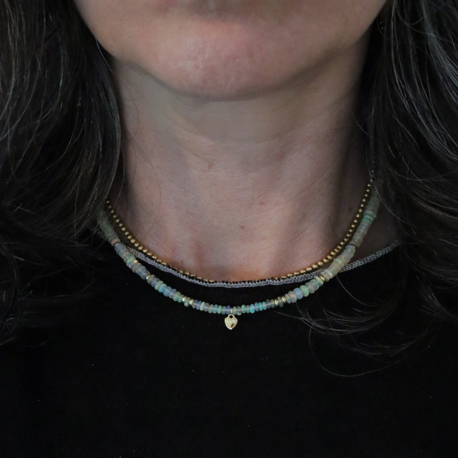 Ethiopian Opal Bead Necklace | 14K Gold Rondelles & Diamond Heart Charm | Choker Welo Fire Opal | Petra Star - Petra Star