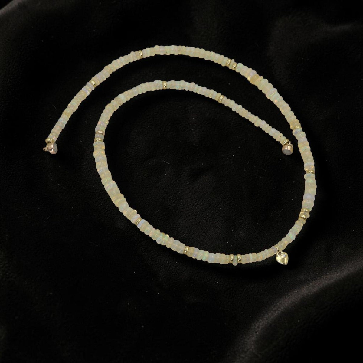 Ethiopian Opal Bead Necklace | 14K Gold Rondelles & Diamond Heart Charm | Choker Welo Fire Opal | Petra Star - Petra Star