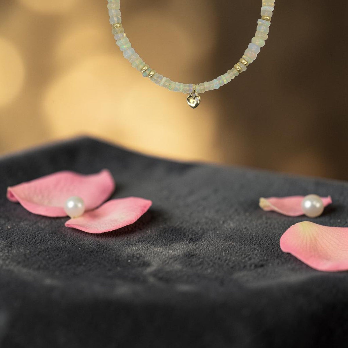 Ethiopian Opal Bead Necklace | 14K Gold Rondelles & Diamond Heart Charm | Choker Welo Fire Opal | Petra Star - Petra Star