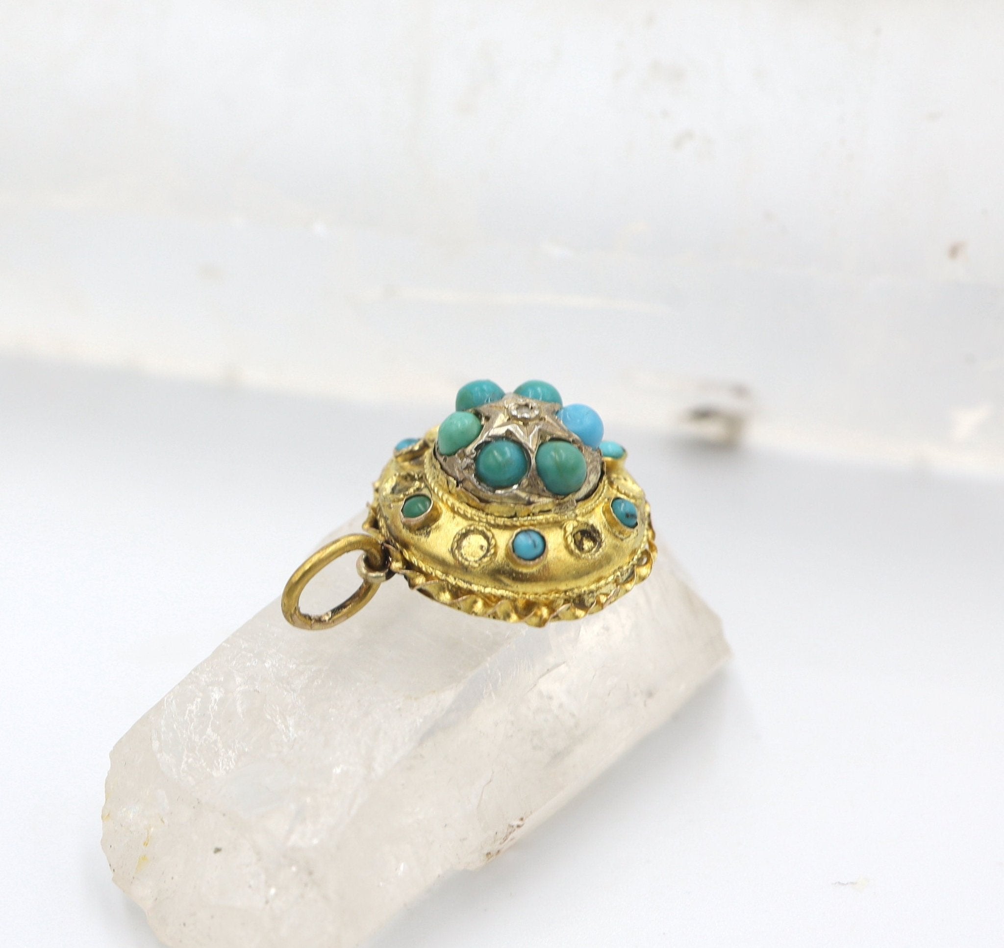 Etruscan Revival Turquoise & Diamond Pendant in 15k Yellow Gold - Petra Star