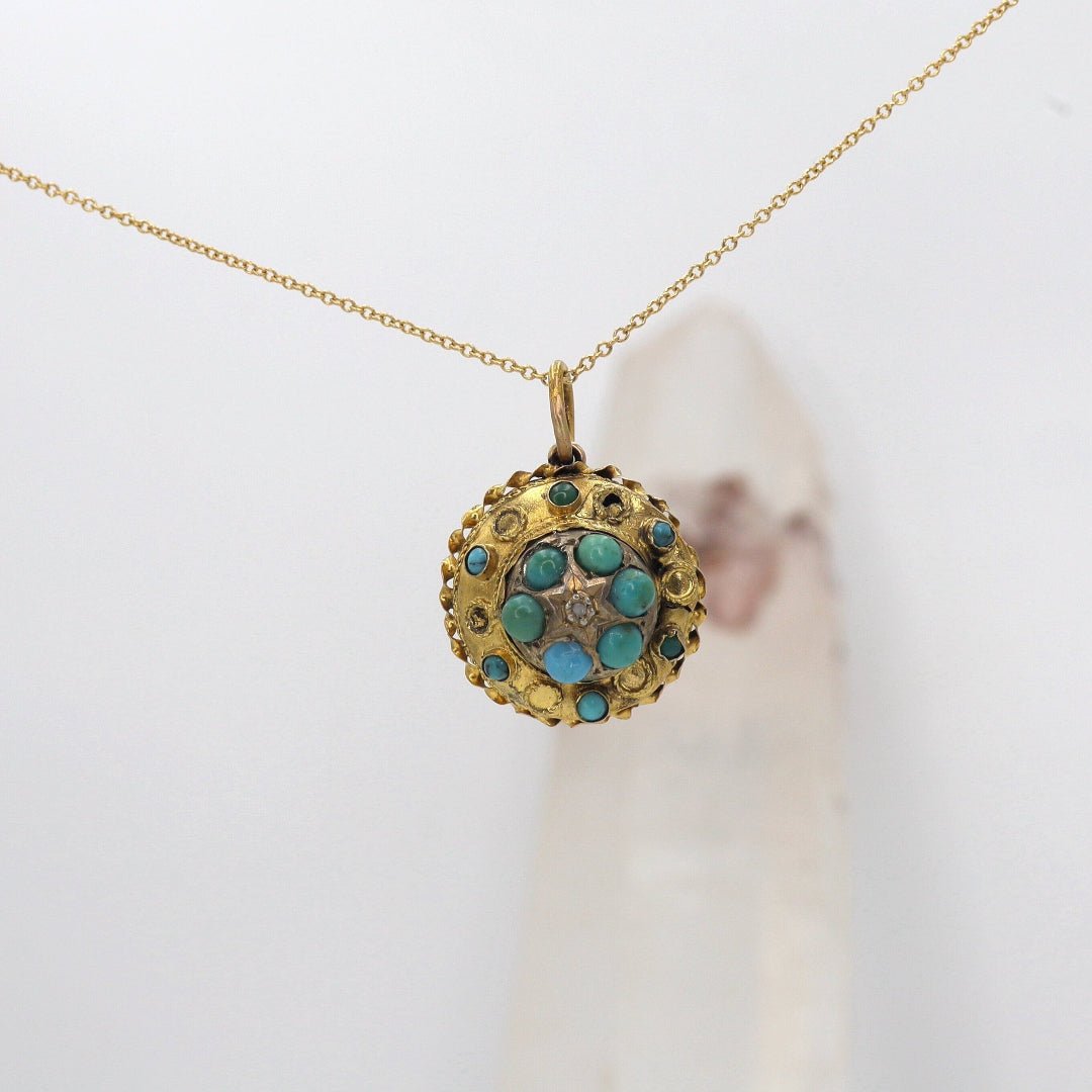 Etruscan Revival Turquoise & Diamond Pendant in 15k Yellow Gold - Petra Star