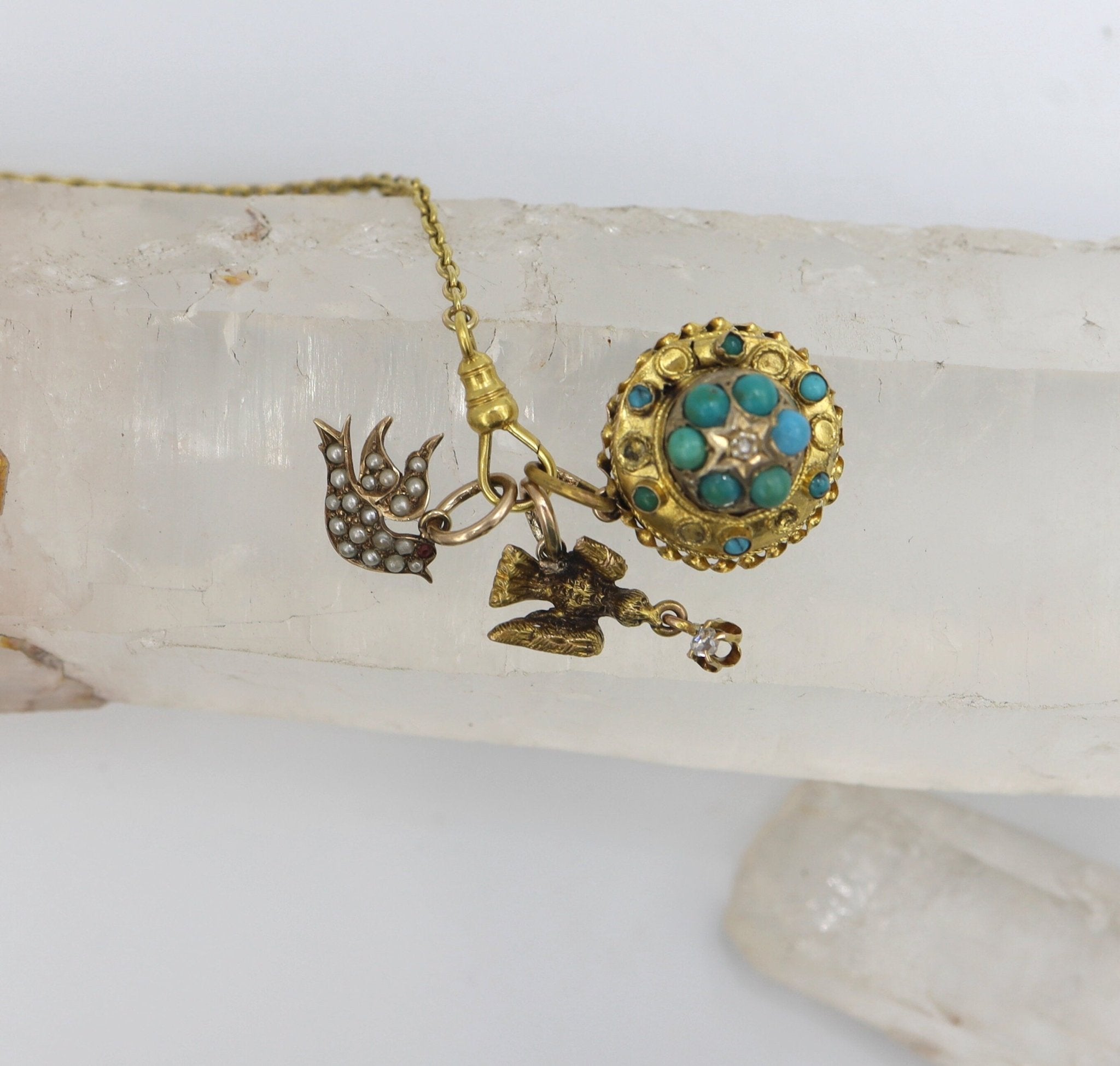 Etruscan Revival Turquoise & Diamond Pendant in 15k Yellow Gold - Petra Star