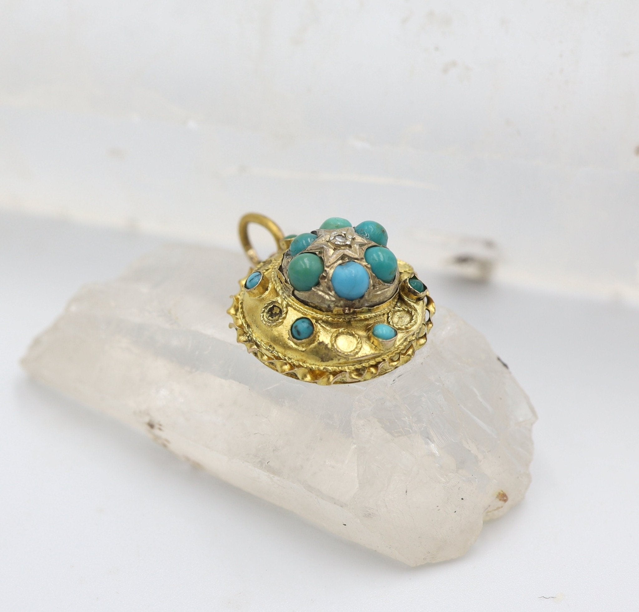 Etruscan Revival Turquoise & Diamond Pendant in 15k Yellow Gold - Petra Star
