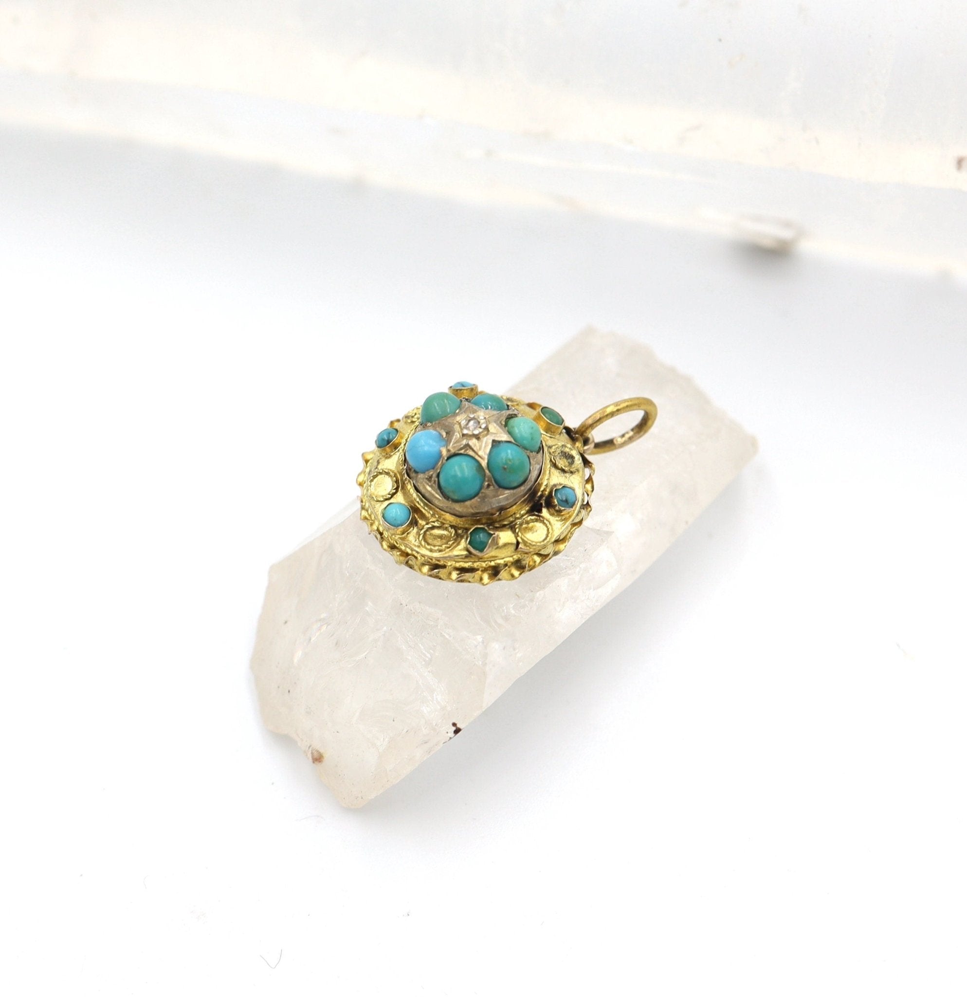 Etruscan Revival Turquoise & Diamond Pendant in 15k Yellow Gold - Petra Star
