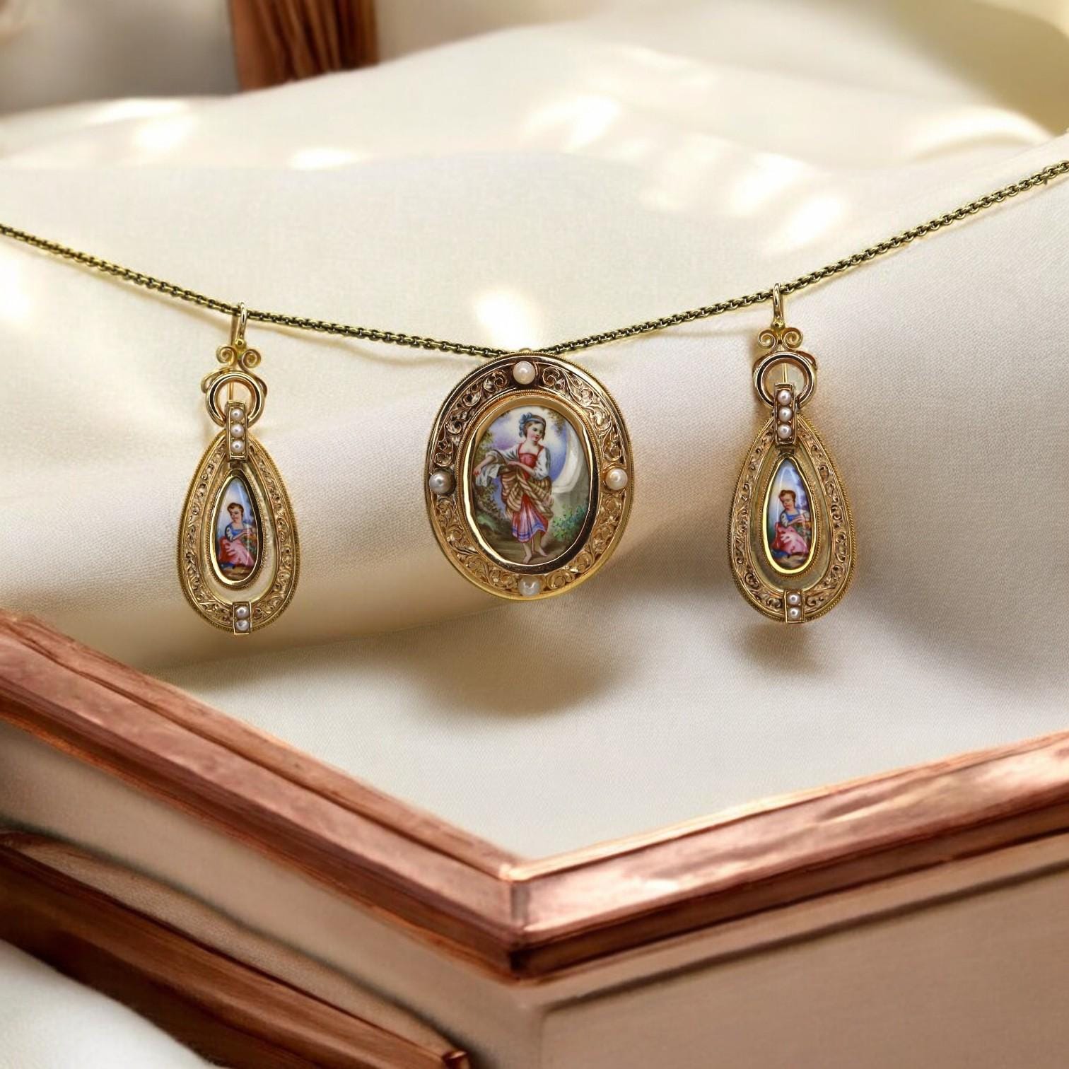 Fine French Victorian Painted Porcelain Earrings and Pendant / Brooch Parure - Petra Star