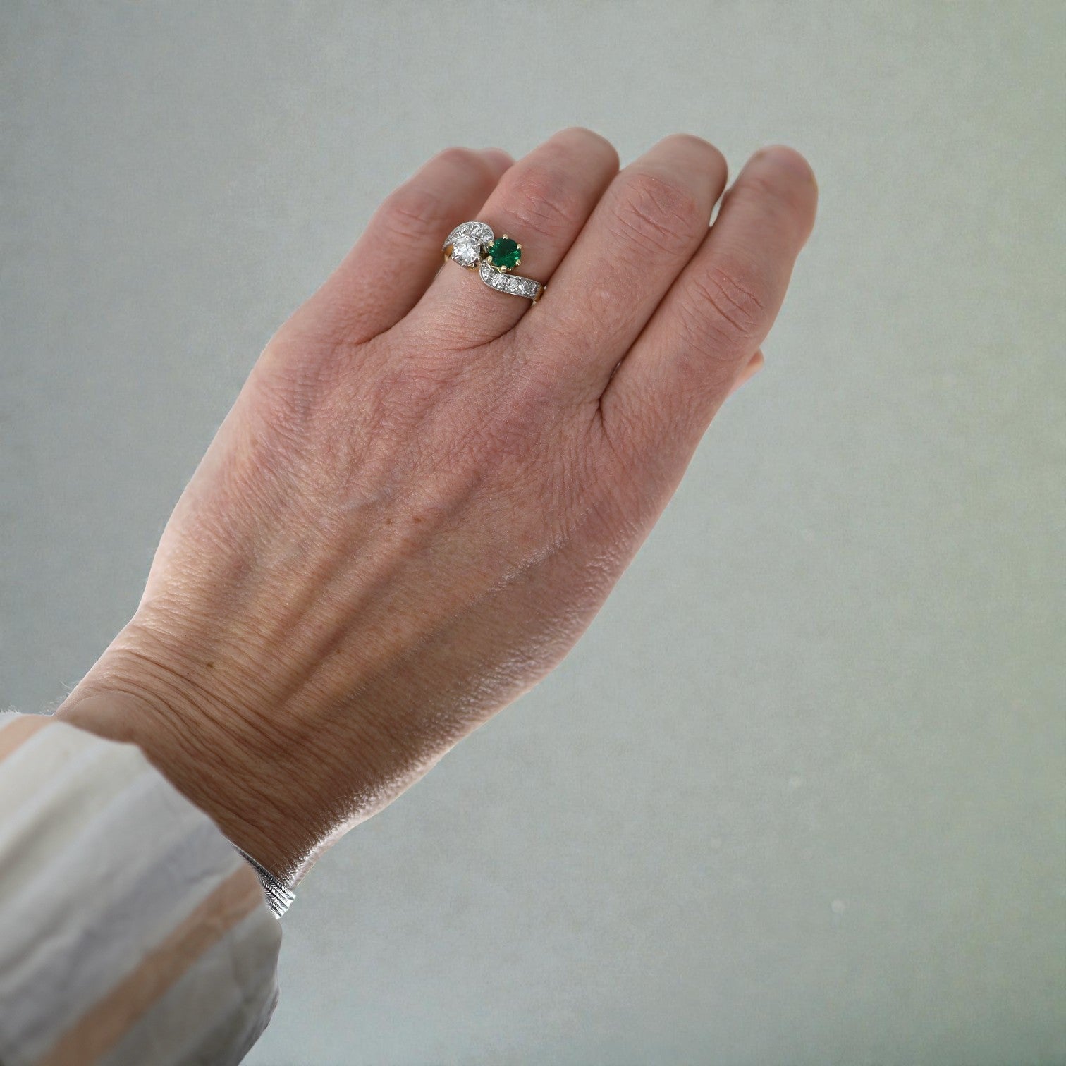 French Emerald Diamond Gold Toi et Moi Engagement Ring in 18k Gold and Platinum - Petra Star