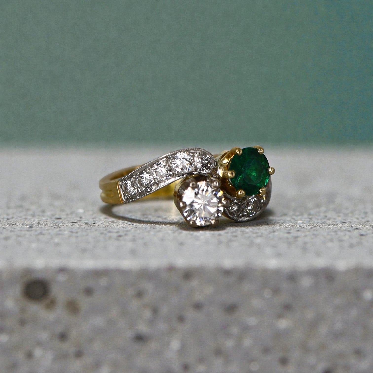 French Emerald Diamond Gold Toi et Moi Engagement Ring in 18k Gold and Platinum - Petra Star